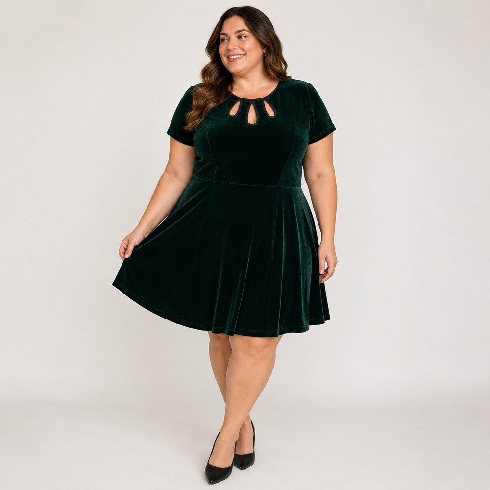 ModCloth Green Velvet Cutout Fit and Flare Dress Emerald Short Sleeve 1X